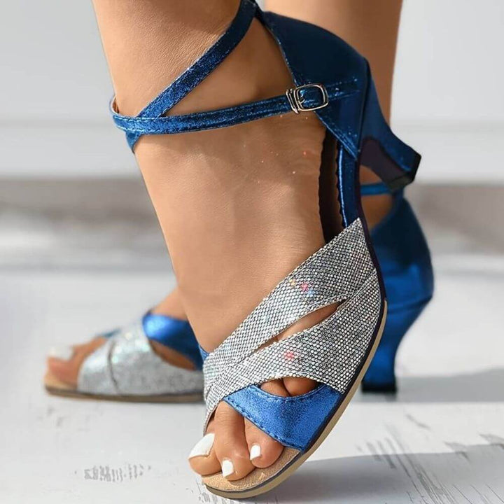 Comfortable Silver Glitter Latin Dance Heels Sandals