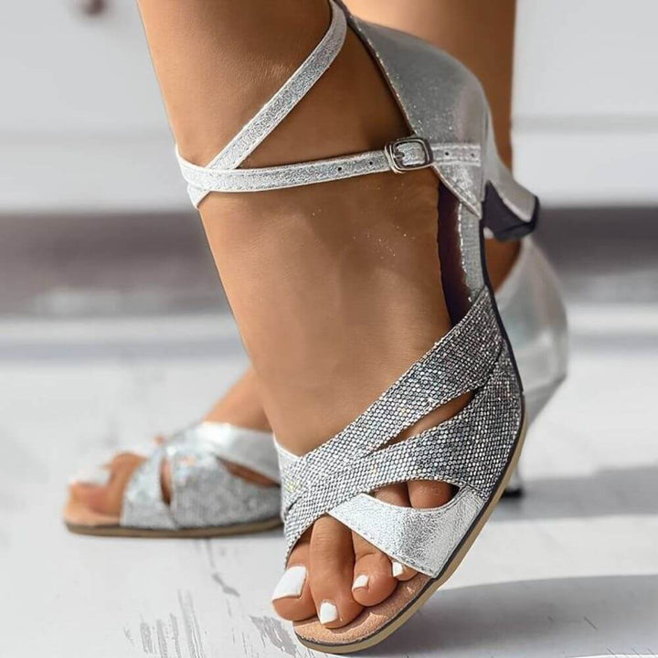 Comfortable Silver Glitter Latin Dance Heels Sandals