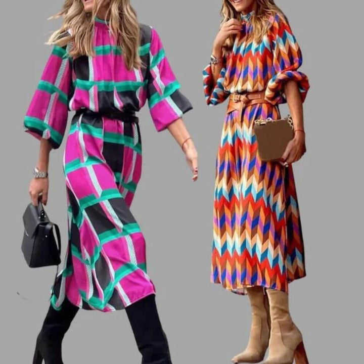 Geometric Print Long Sleeve Midi Dress – Casual Elegant Style for Women