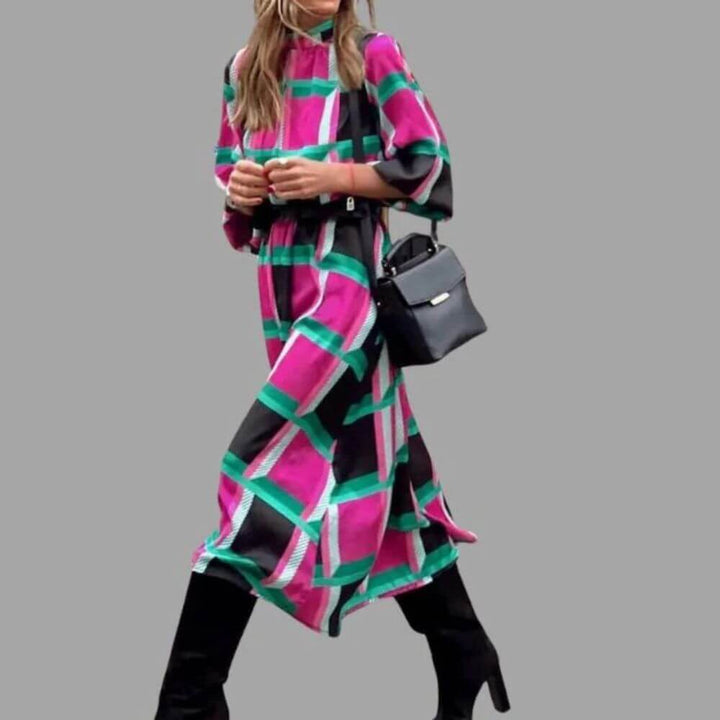 Geometric Print Long Sleeve Midi Dress – Casual Elegant Style for Women