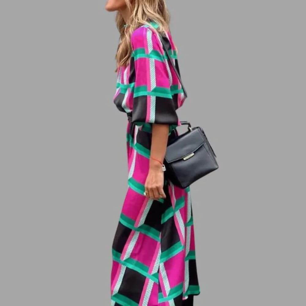 Geometric Print Long Sleeve Midi Dress – Casual Elegant Style for Women
