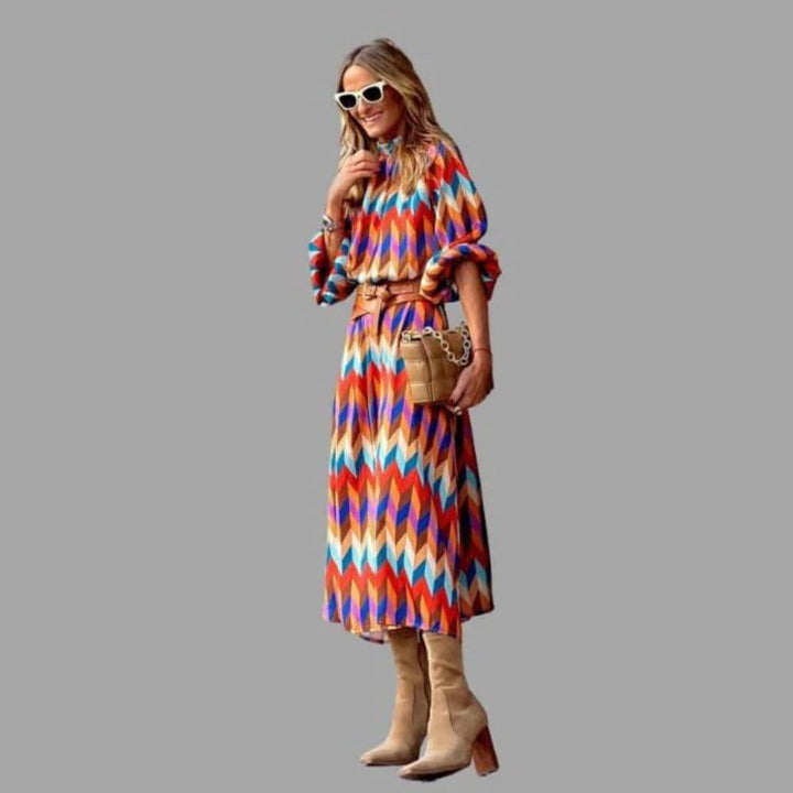 Geometric Print Long Sleeve Midi Dress – Casual Elegant Style for Women