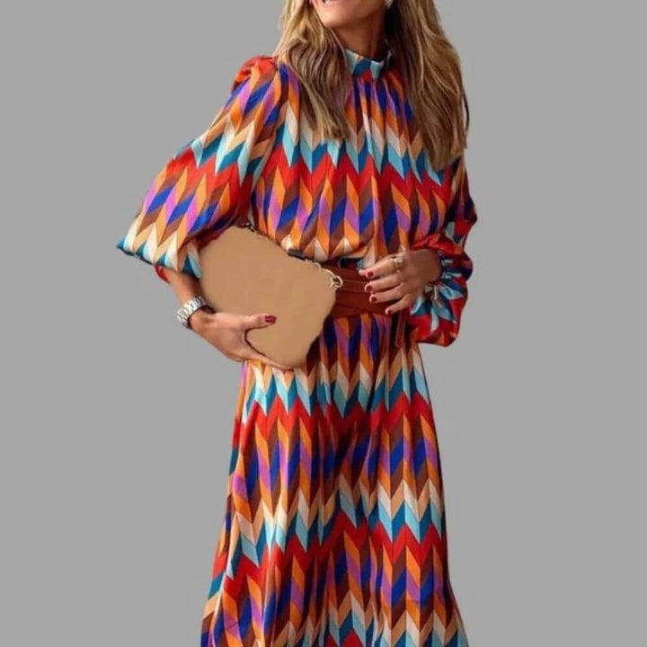 Geometric Print Long Sleeve Midi Dress – Casual Elegant Style for Women