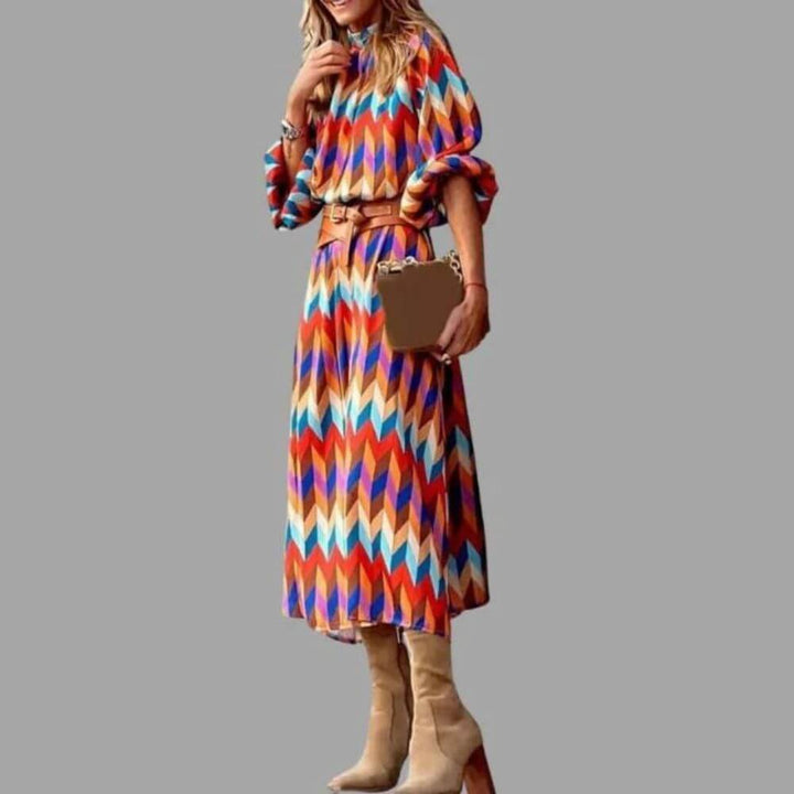 Geometric Print Long Sleeve Midi Dress – Casual Elegant Style for Women
