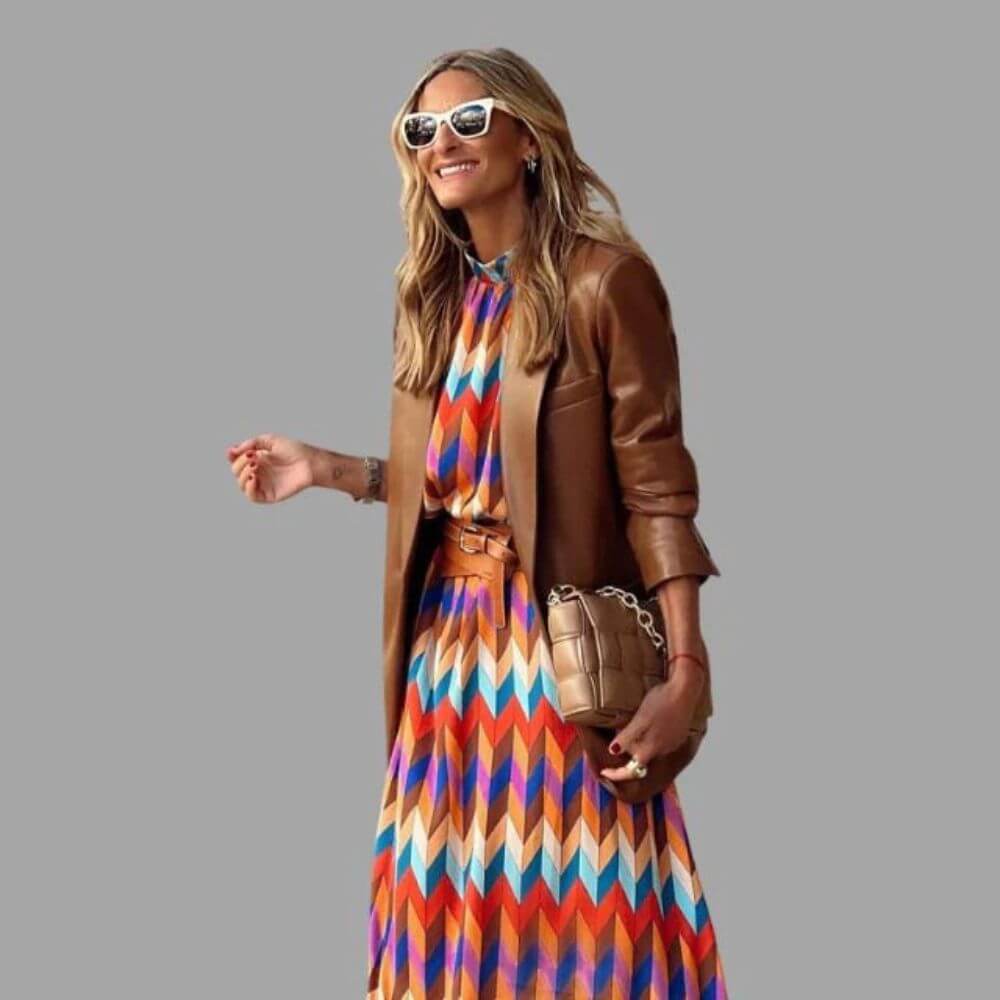 Geometric Print Long Sleeve Midi Dress – Casual Elegant Style for Women