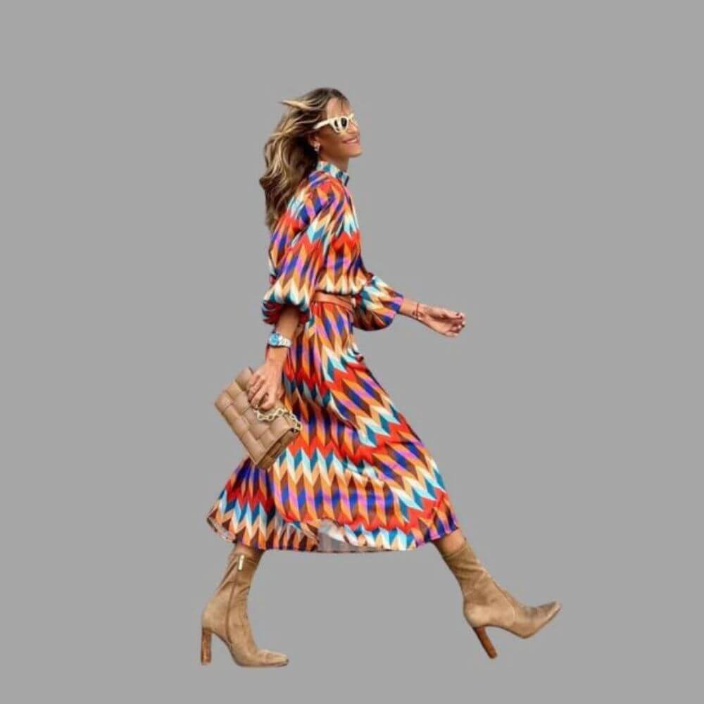 Geometric Print Long Sleeve Midi Dress – Casual Elegant Style for Women