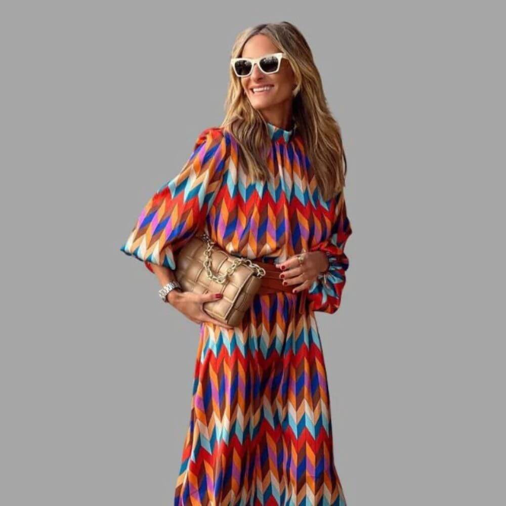 Geometric Print Long Sleeve Midi Dress – Casual Elegant Style for Women