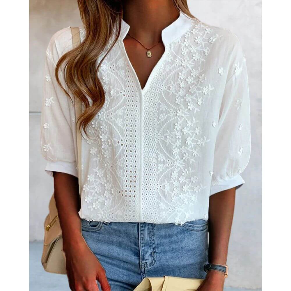 White Embroidered Mandarin Collar Blouse – Elegant Women's Long Sleeve Top