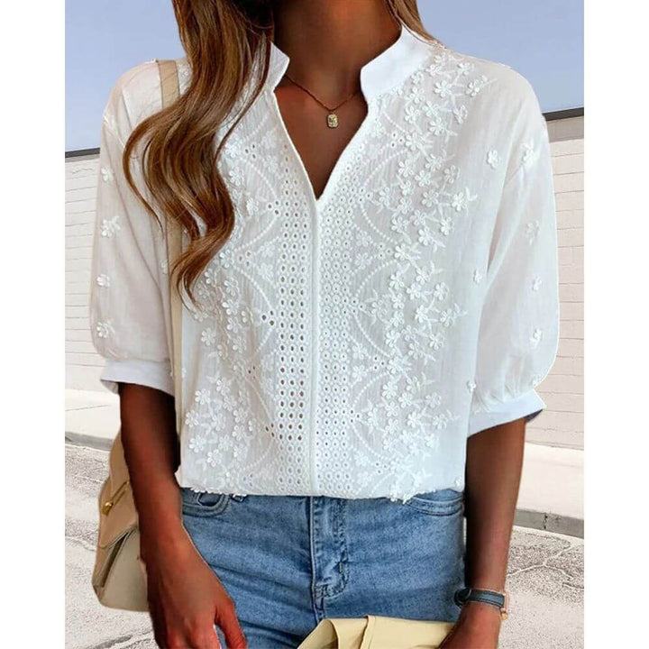 White Embroidered Mandarin Collar Blouse – Elegant Women's Long Sleeve Top