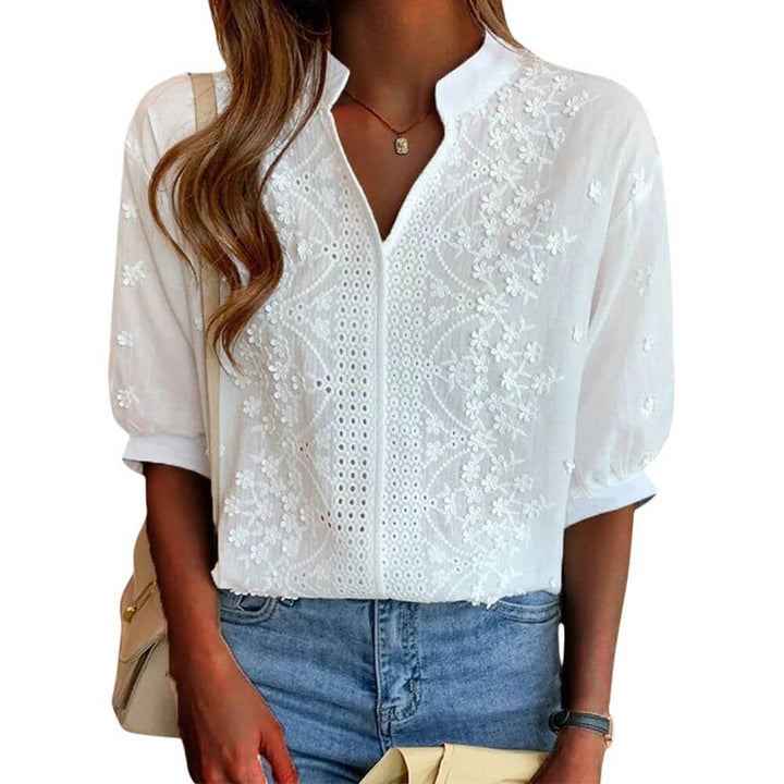 White Embroidered Mandarin Collar Blouse – Elegant Women's Long Sleeve Top