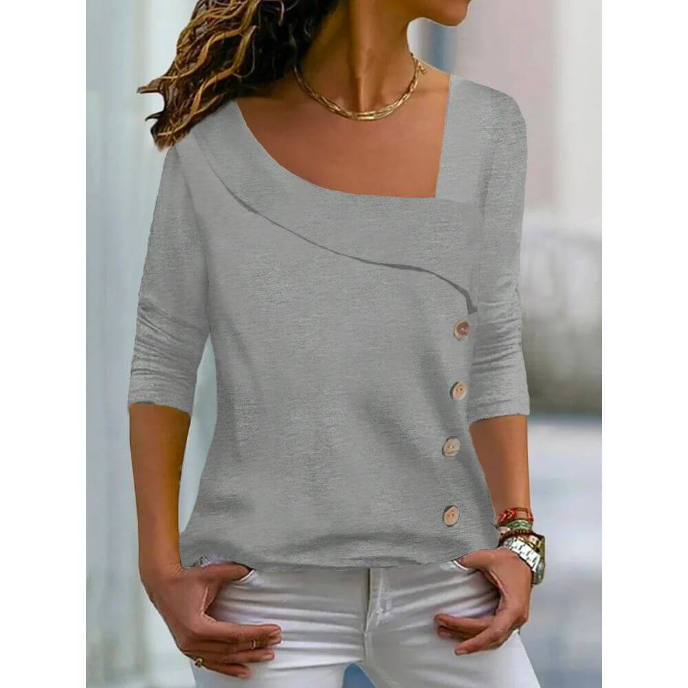 Casual Asymmetrical Button Blouse for Women – Stylish Long Sleeve Top