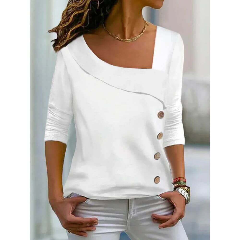 Casual Asymmetrical Button Blouse for Women – Stylish Long Sleeve Top