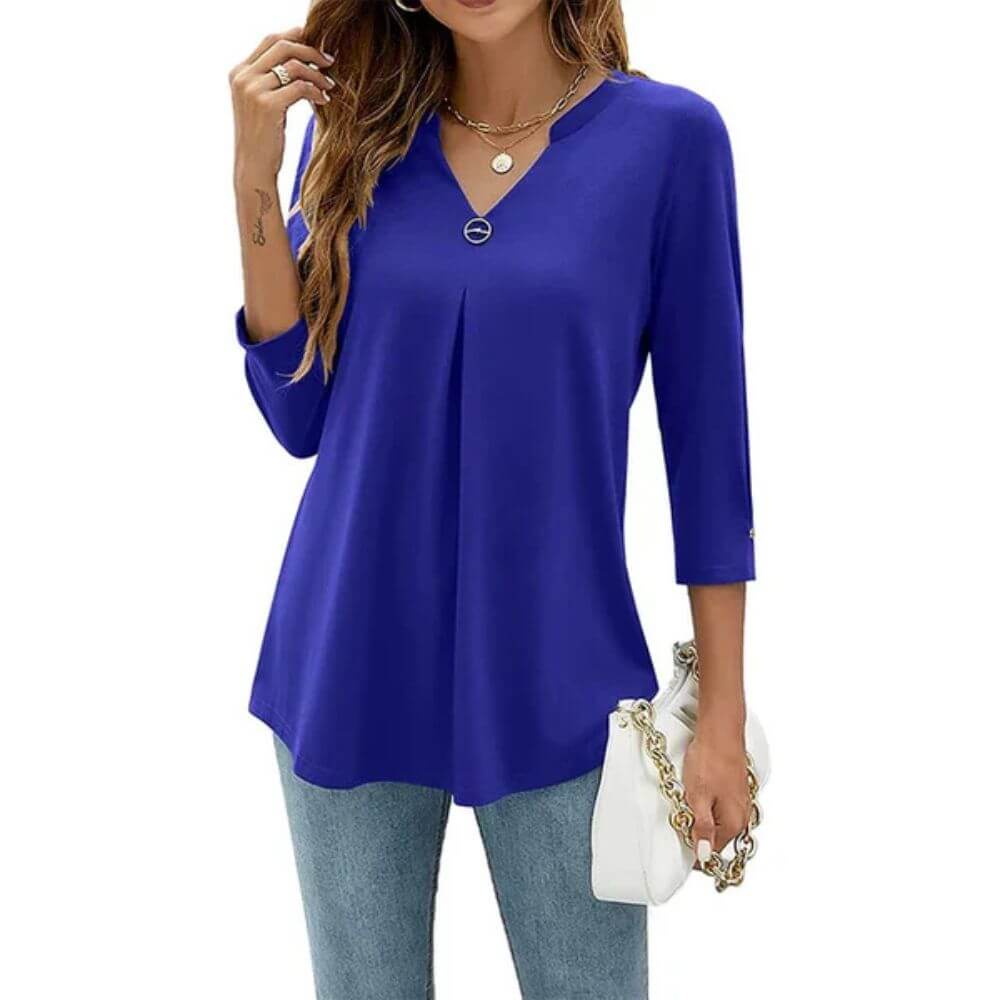 Casual V-Neck Tunic Top for Women – Pleated Longline Blouse