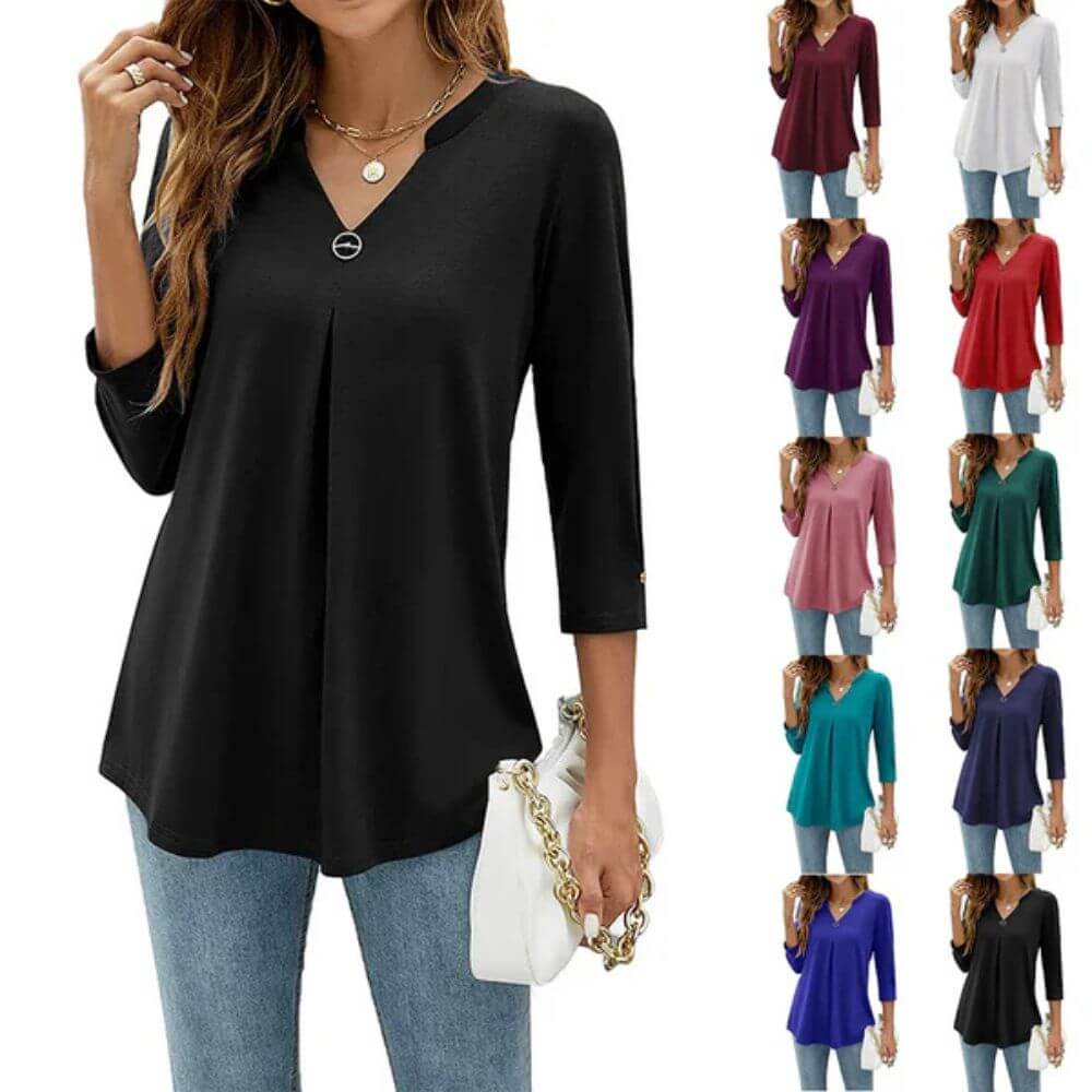 Casual V-Neck Tunic Top for Women – Pleated Longline Blouse