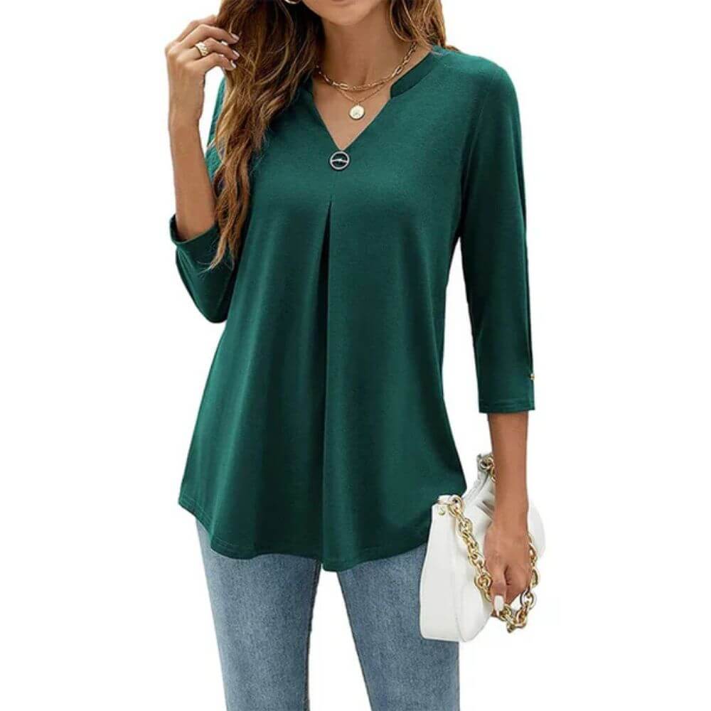 Casual V-Neck Tunic Top for Women – Pleated Longline Blouse