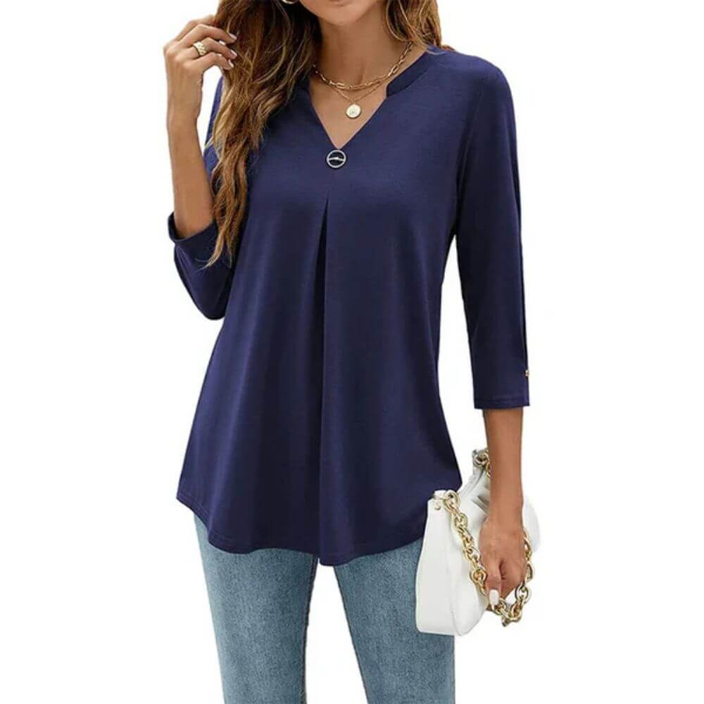 Casual V-Neck Tunic Top for Women – Pleated Longline Blouse