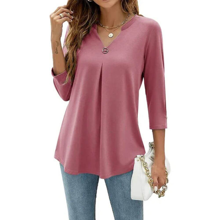 Casual V-Neck Tunic Top for Women – Pleated Longline Blouse