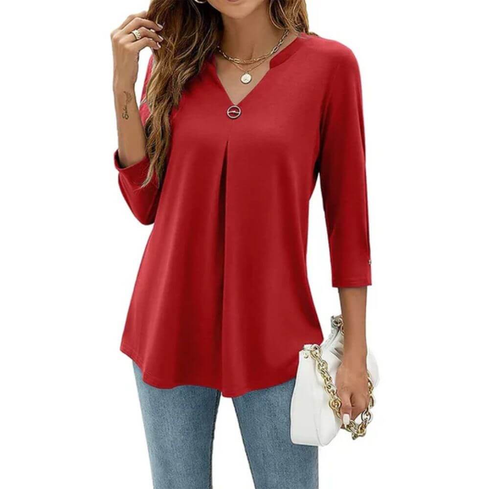 Casual V-Neck Tunic Top for Women – Pleated Longline Blouse