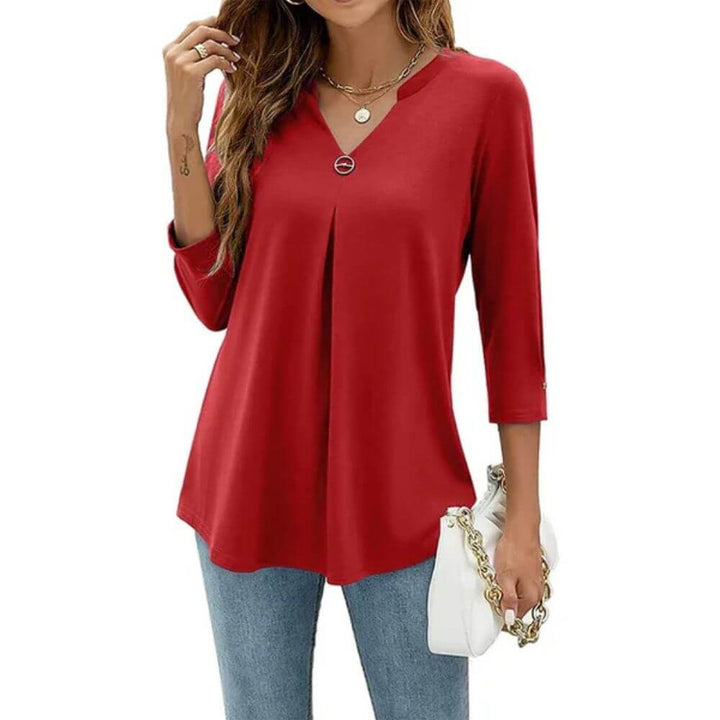 Casual V-Neck Tunic Top for Women – Pleated Longline Blouse