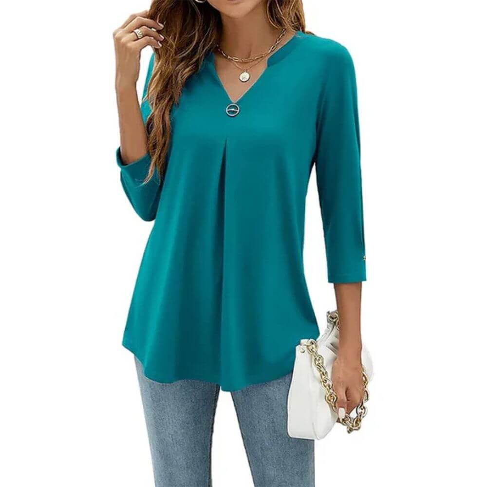 Casual V-Neck Tunic Top for Women – Pleated Longline Blouse