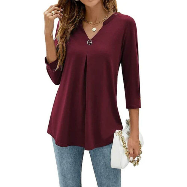 Casual V-Neck Tunic Top for Women – Pleated Longline Blouse