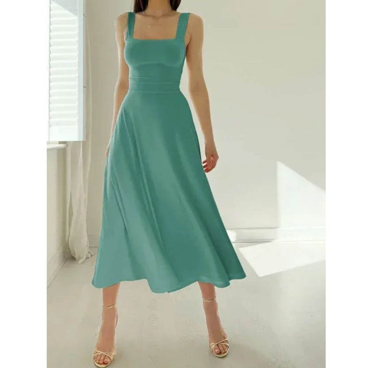 Sleeveless Square-Neck Midi Dress – Elegant Fit for Summer Events