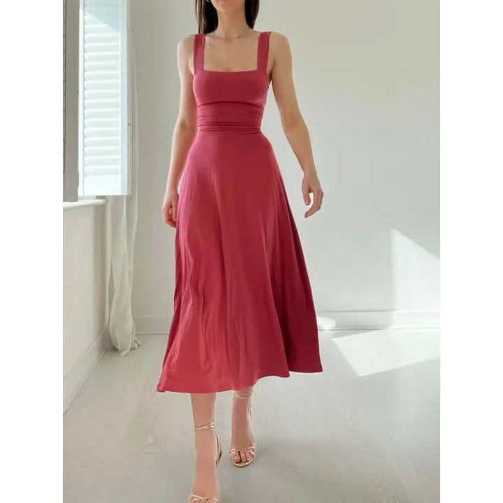 Sleeveless Square-Neck Midi Dress – Elegant Fit for Summer Events