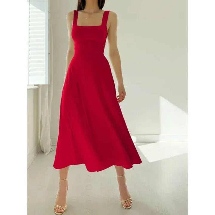 Sleeveless Square-Neck Midi Dress – Elegant Fit for Summer Events