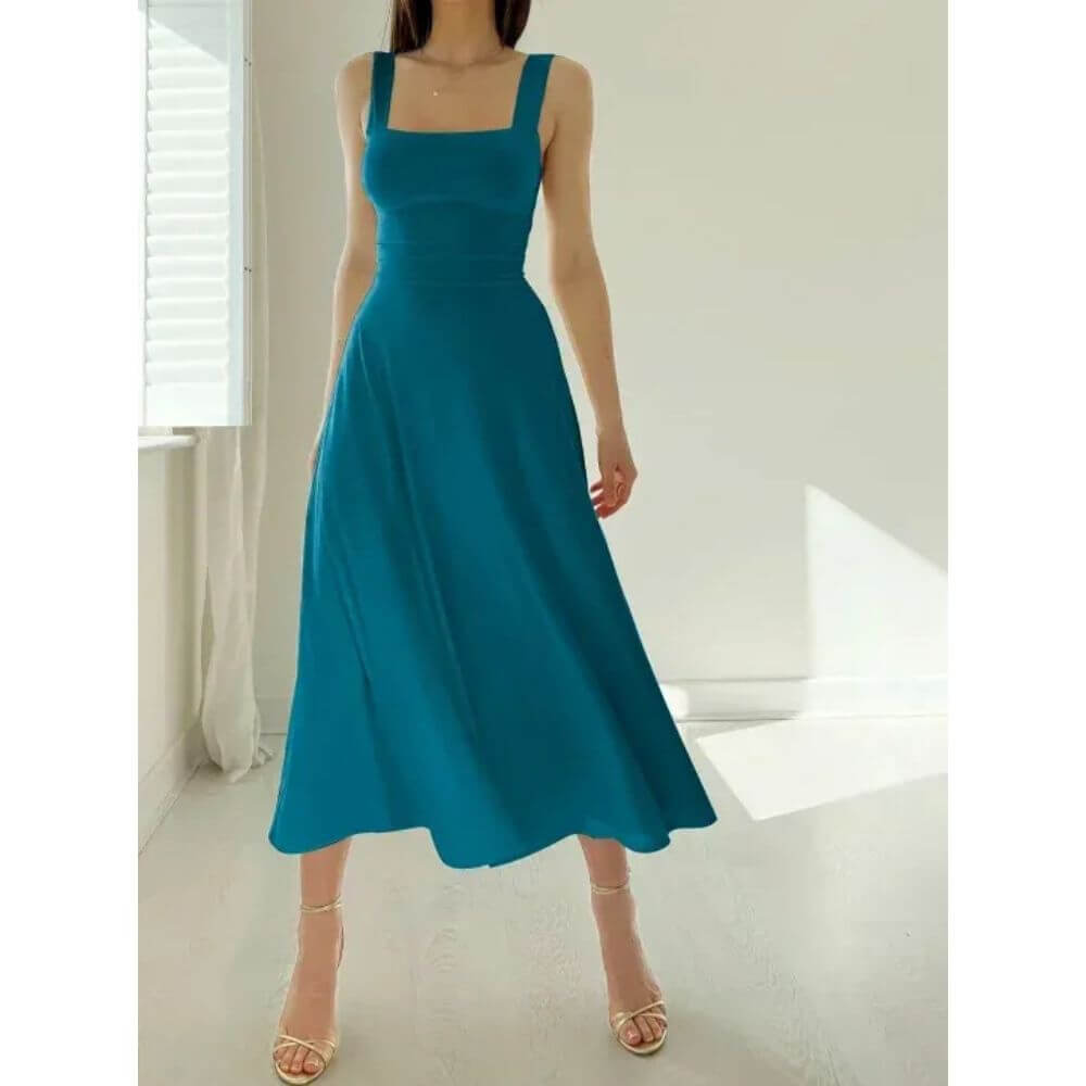 Sleeveless Square-Neck Midi Dress – Elegant Fit for Summer Events