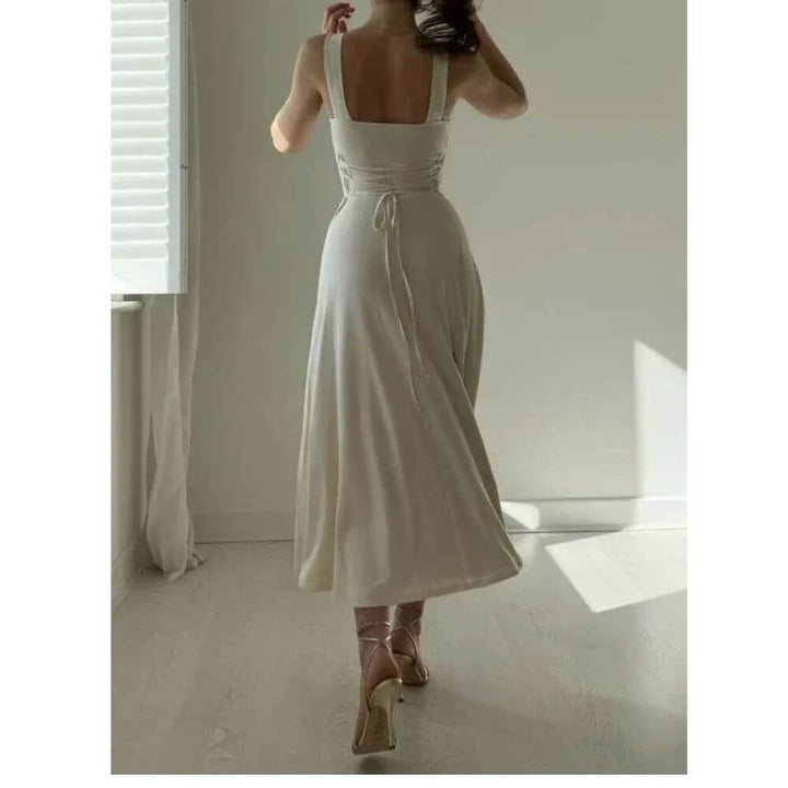 Sleeveless Square-Neck Midi Dress – Elegant Fit for Summer Events