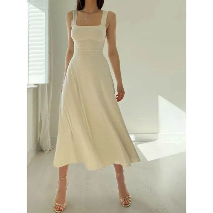 Sleeveless Square-Neck Midi Dress – Elegant Fit for Summer Events