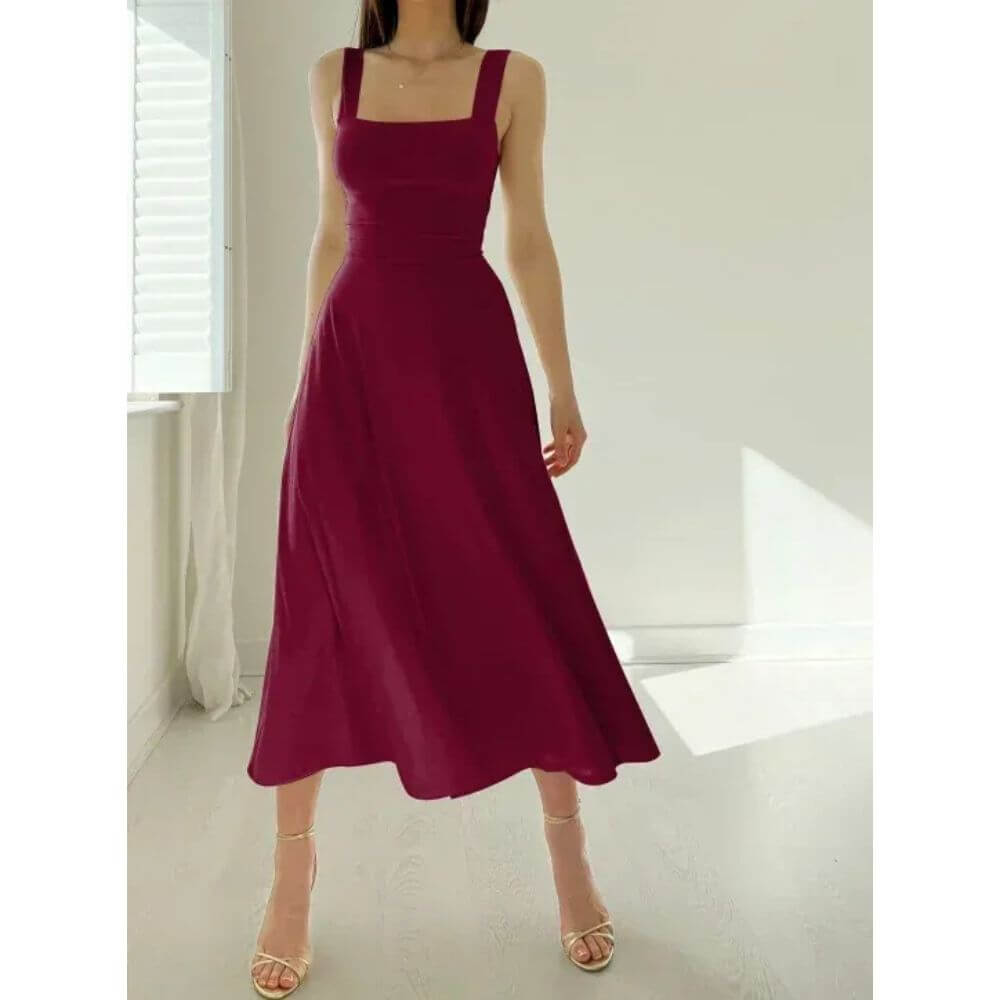 Sleeveless Square-Neck Midi Dress – Elegant Fit for Summer Events