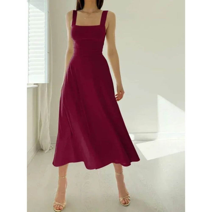Sleeveless Square-Neck Midi Dress – Elegant Fit for Summer Events