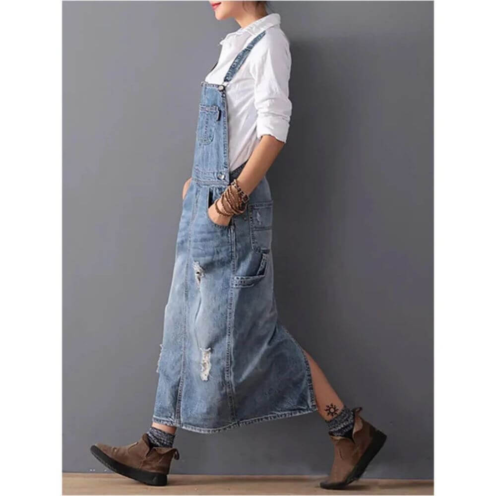 Denim Bib Overall Dress for Women – Casual Sleeveless Midi Pinafore