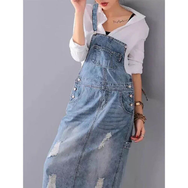 Denim Bib Overall Dress for Women – Casual Sleeveless Midi Pinafore