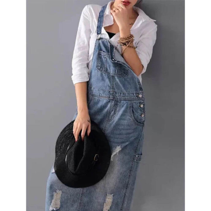 Denim Bib Overall Dress for Women – Casual Sleeveless Midi Pinafore