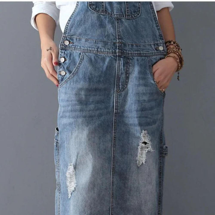 Denim Bib Overall Dress for Women – Casual Sleeveless Midi Pinafore