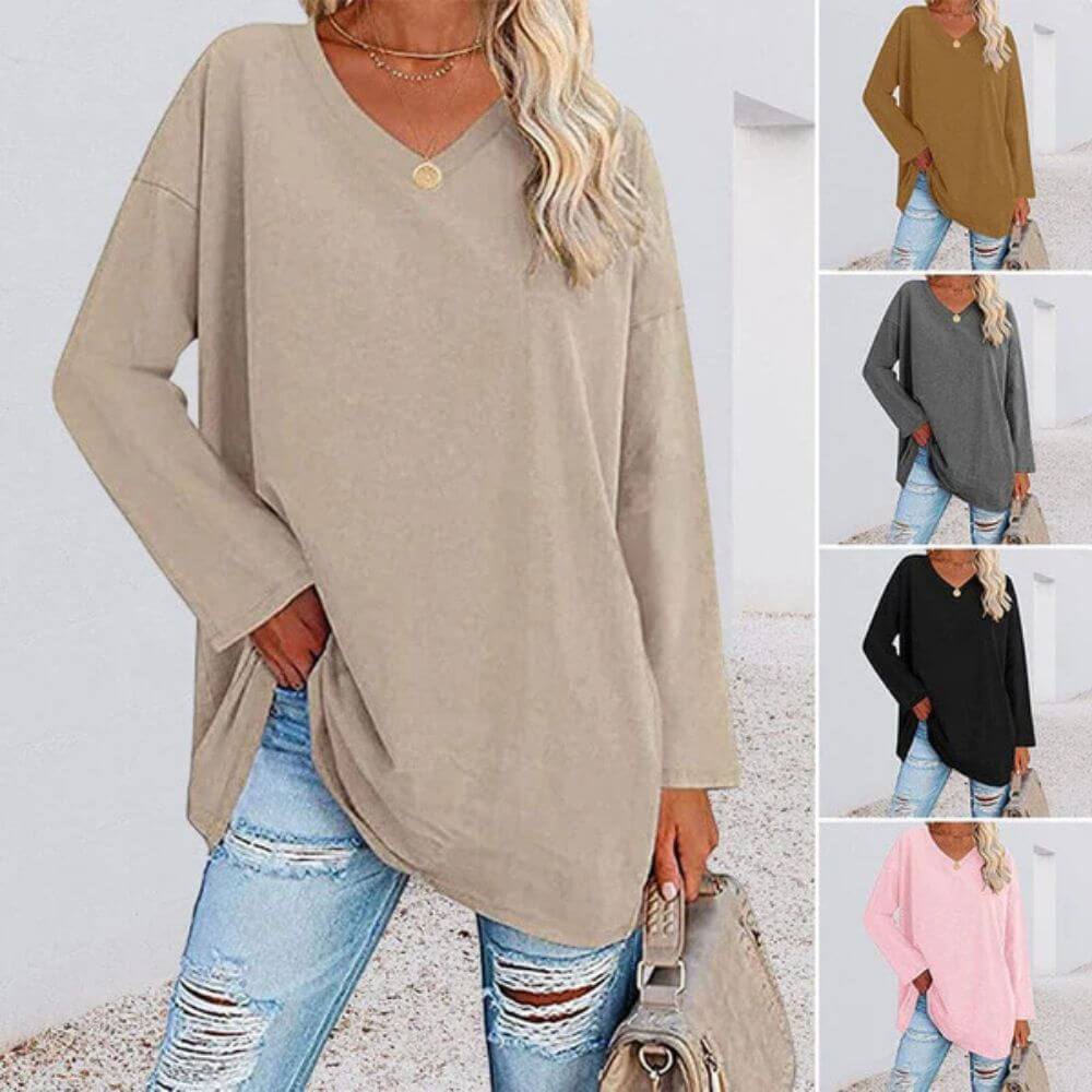 Casual V-Neck Long Sleeve Tunic Top for Women – Stylish Everyday Fit