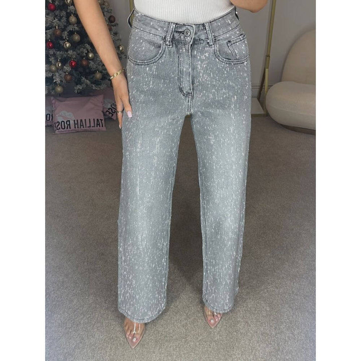 High-Waist Glitter Embellished Denim Jeans for Women