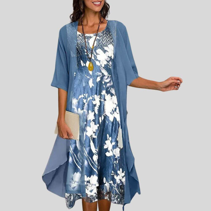 Floral Print Midi Dress with Sheer Chiffon Cardigan – Elegant 2 Piece Summer Outfit