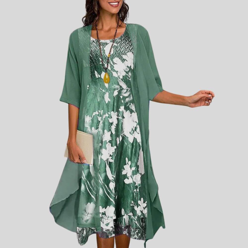 Floral Print Midi Dress with Sheer Chiffon Cardigan – Elegant 2 Piece Summer Outfit