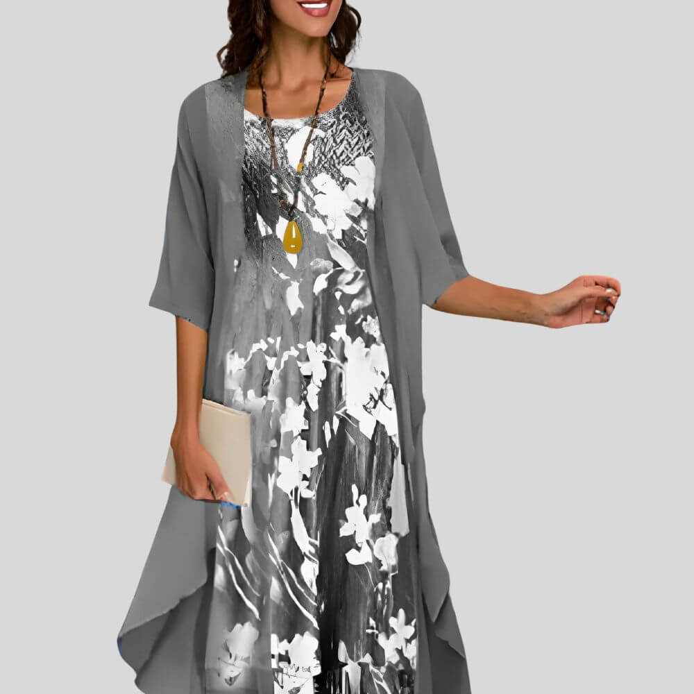 Floral Print Midi Dress with Sheer Chiffon Cardigan – Elegant 2 Piece Summer Outfit