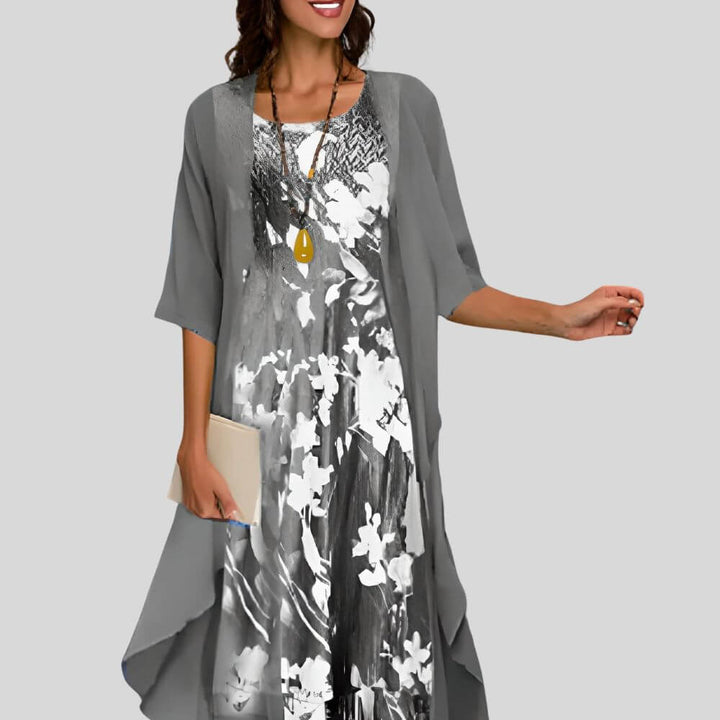 Floral Print Midi Dress with Sheer Chiffon Cardigan – Elegant 2 Piece Summer Outfit