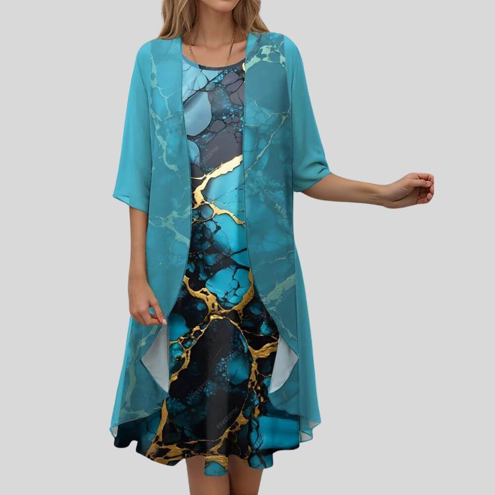Floral Print Midi Dress with Sheer Chiffon Cardigan – Elegant 2 Piece Summer Outfit