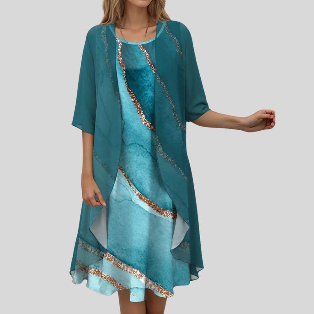Floral Print Midi Dress with Sheer Chiffon Cardigan – Elegant 2 Piece Summer Outfit