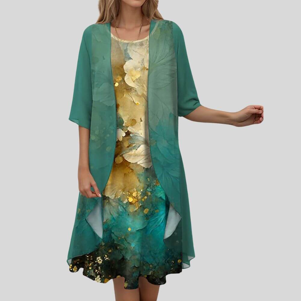 Floral Print Midi Dress with Sheer Chiffon Cardigan – Elegant 2 Piece Summer Outfit