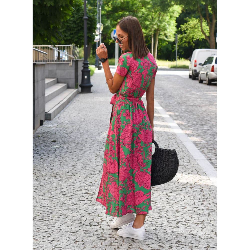 Elegant Floral Wrap Midi Dress for Summer