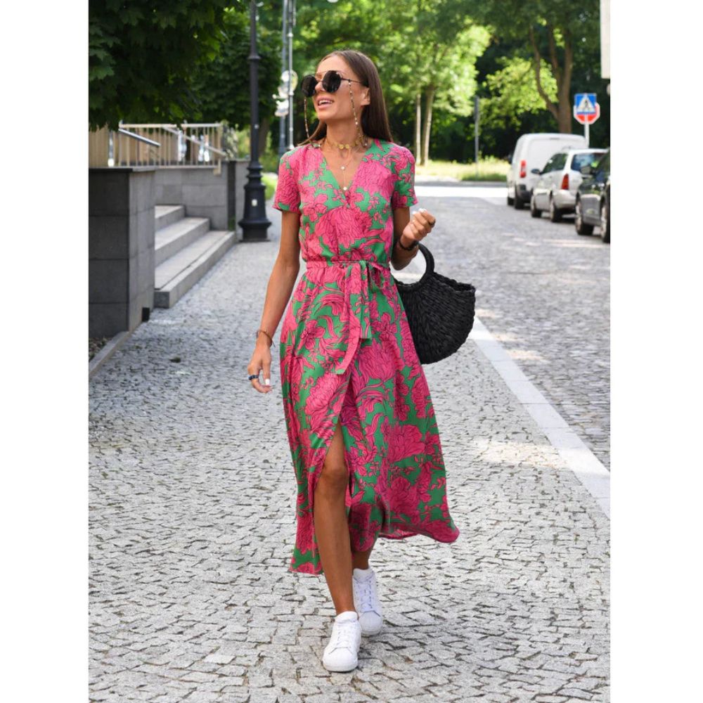 Elegant Floral Wrap Midi Dress for Summer