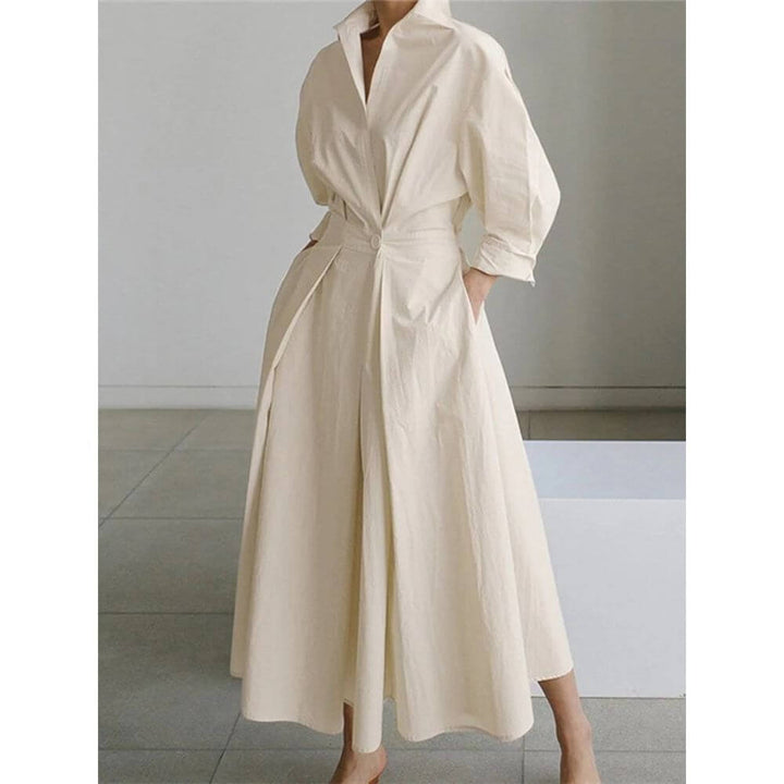 Women's Shirt Midi Dress with Collar and Button Front A-Line Fit
