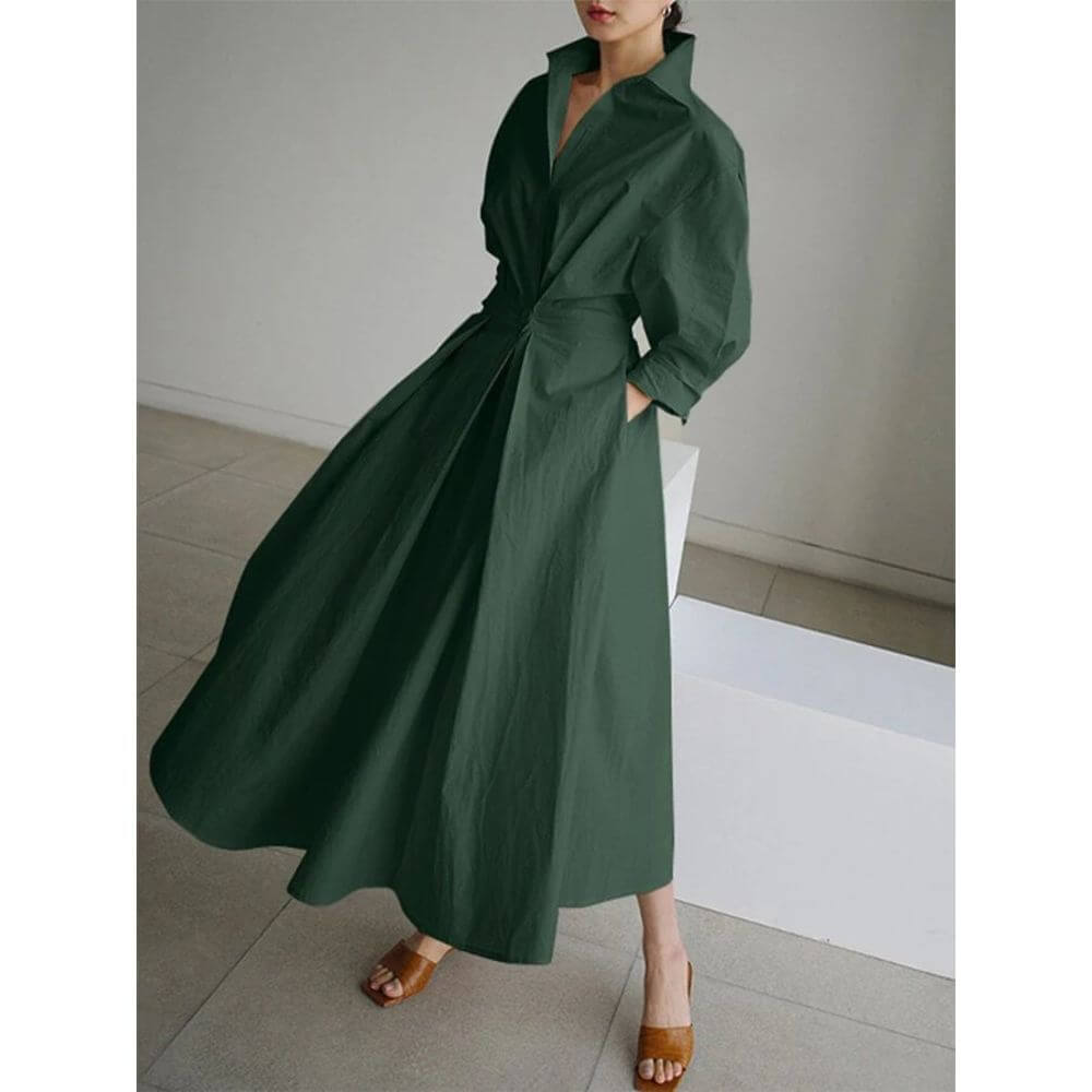 Women's Shirt Midi Dress with Collar and Button Front A-Line Fit